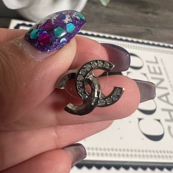 CHANEL Silver Mini Crystal CC Earrings - Picture 6 of 9